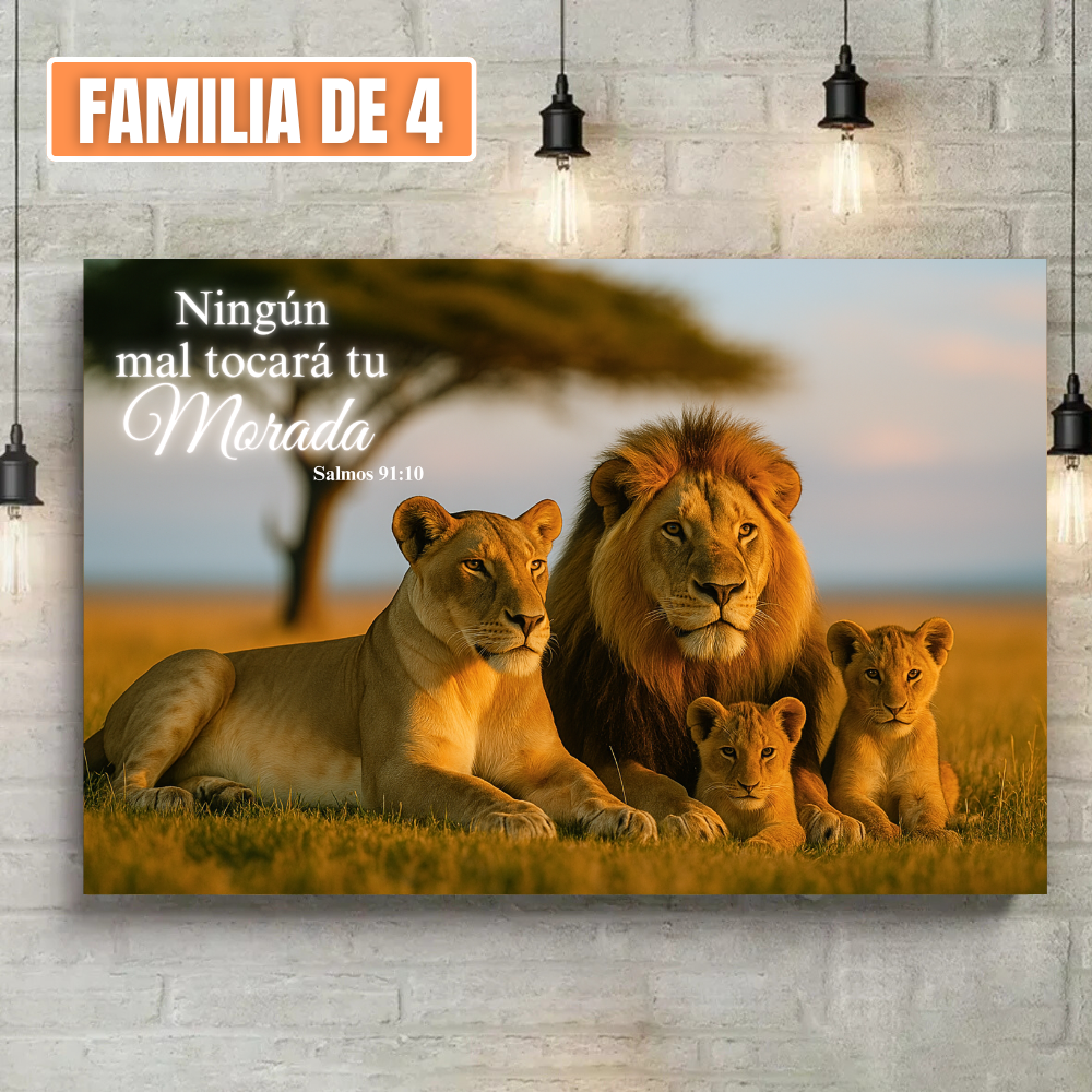 Familia De Leones - Cuadro De Union y Fortaleza Familiar En Dios - Familia de 4